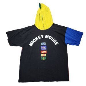 VTG Mickey Mouse Men's Multi Color Block Short Sleeve Hooded Shirt Size L / XL
